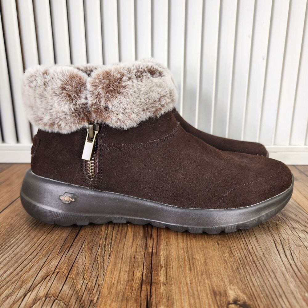 Skechers On-The-Go Joy Bundle Up Womens Size 6 Brown Suede Faux Fur Ankle Boots